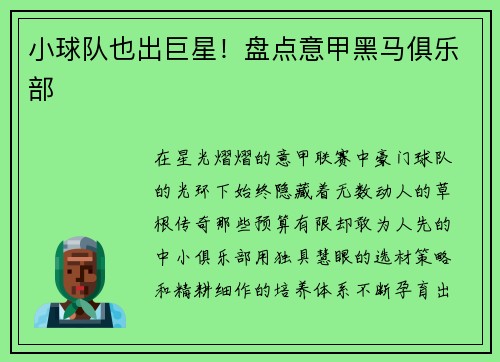 小球队也出巨星！盘点意甲黑马俱乐部