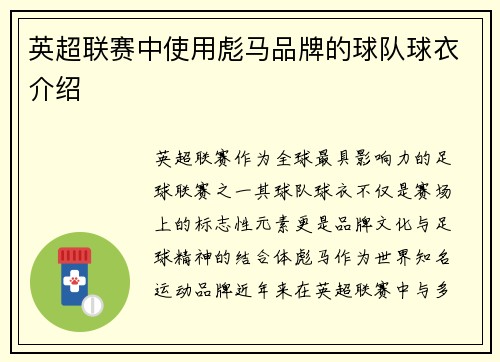 英超联赛中使用彪马品牌的球队球衣介绍